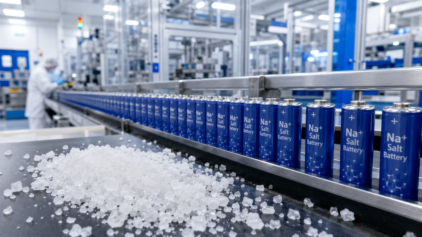 Battery cells on a production line with salt crystals in the foreground