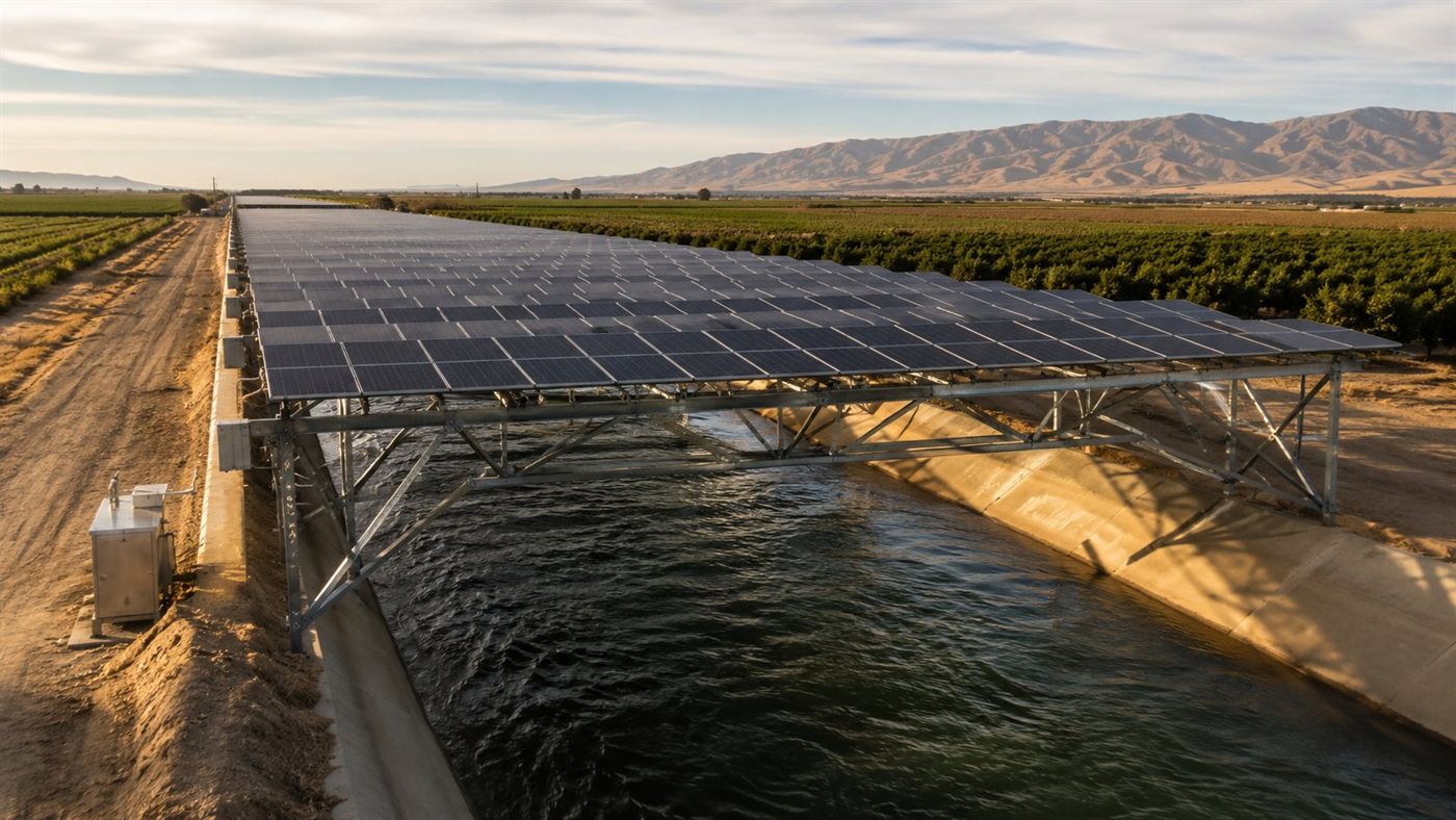 Solar panels mounted over a wide irrigation canal in California