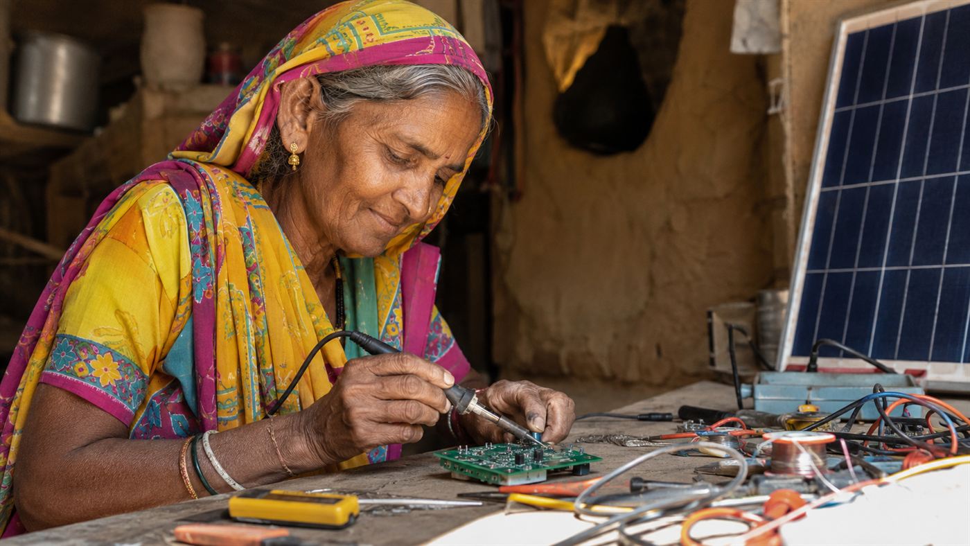 An older woman in a colourful sari soldering a circuit board for a solar charge controller in rural India