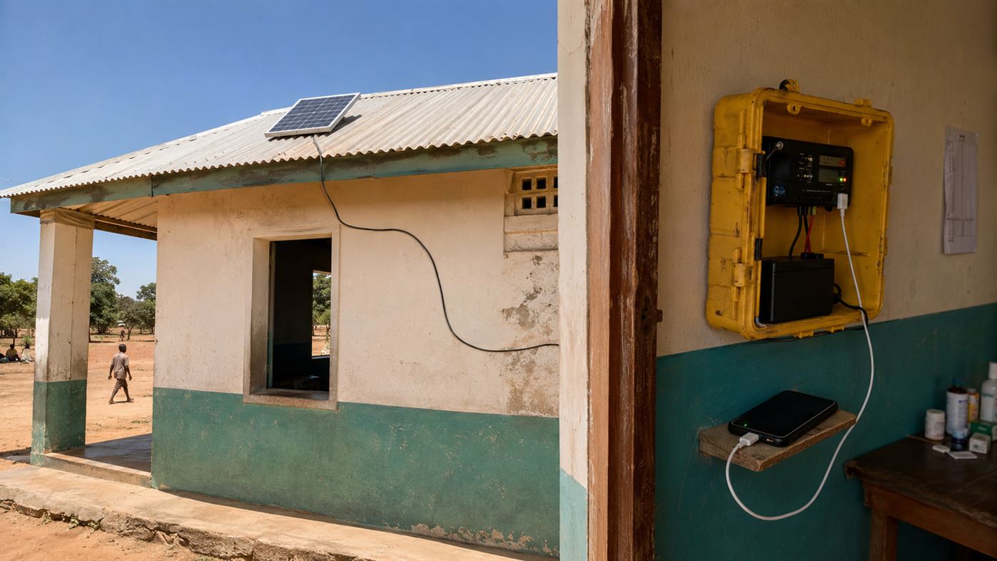 A small solar panel on the corrugated metal roof of a rural health clinic in bright sunshine, with a yellow solar suitcase unit mounted on the wall inside