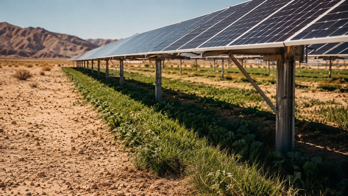 Elevated solar panels casting shade over the desert floor where green pasture grass and low crops are growing in the shaded strips beneath them