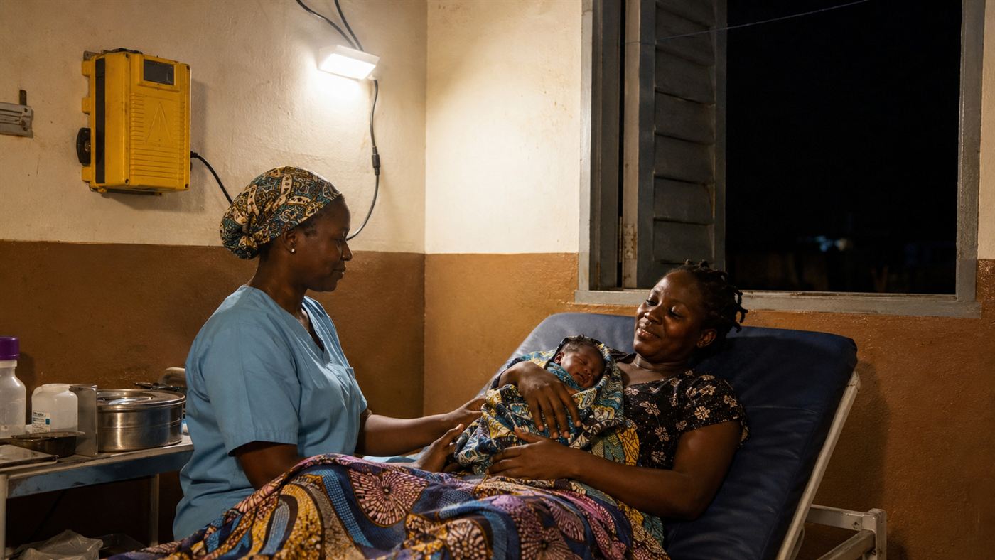 A maternity ward at night lit by a solar powered light, with a midwife and a mother holding her newborn