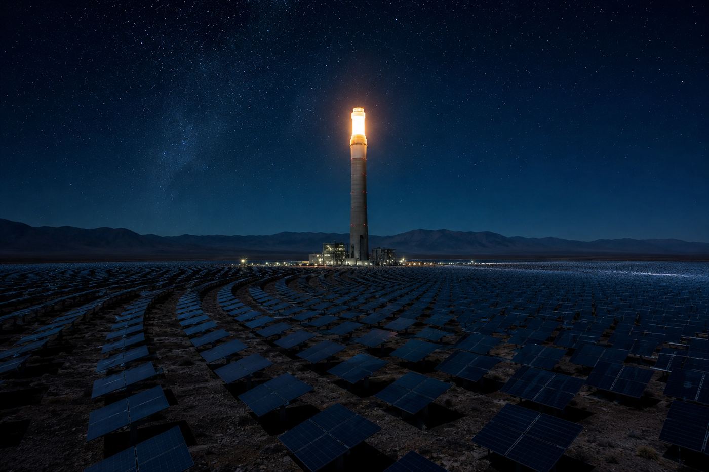 A solar power tower with a glowing receiver at its peak still lit against a dark desert sky at night, the mirror field shadowy below