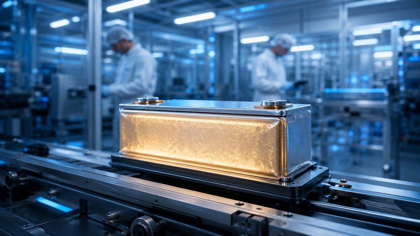 A glowing solid-state battery cell on a clean-room line