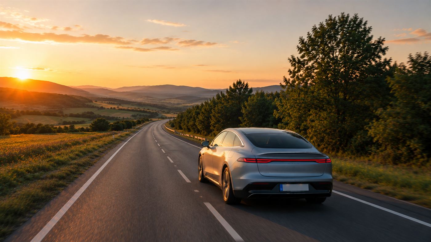 A sleek modern silver electric luxury sedan driving along an open European highway through green countryside at golden hour