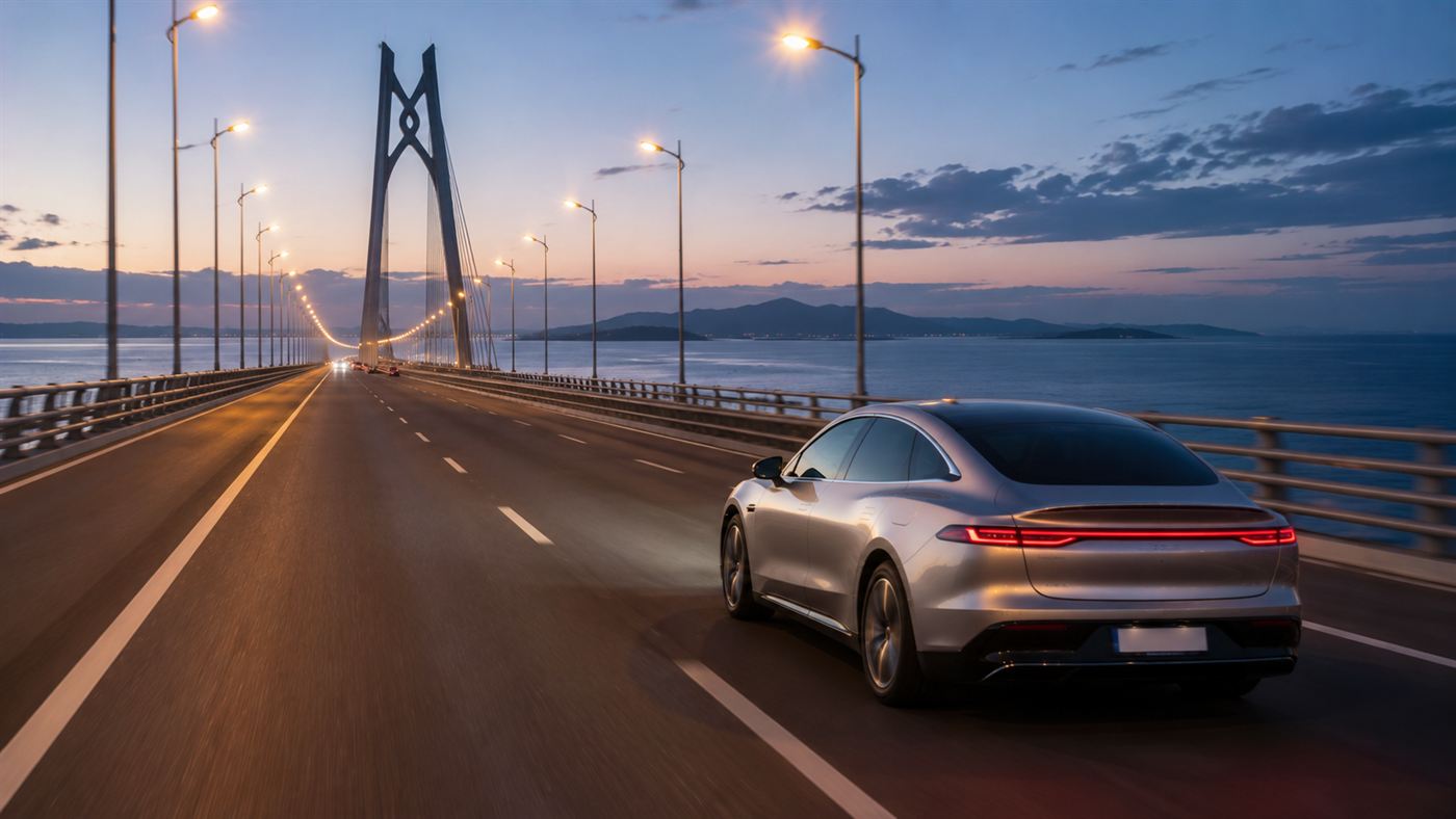 A sleek electric car driving across a long bridge over water at dusk on a long-distance journey