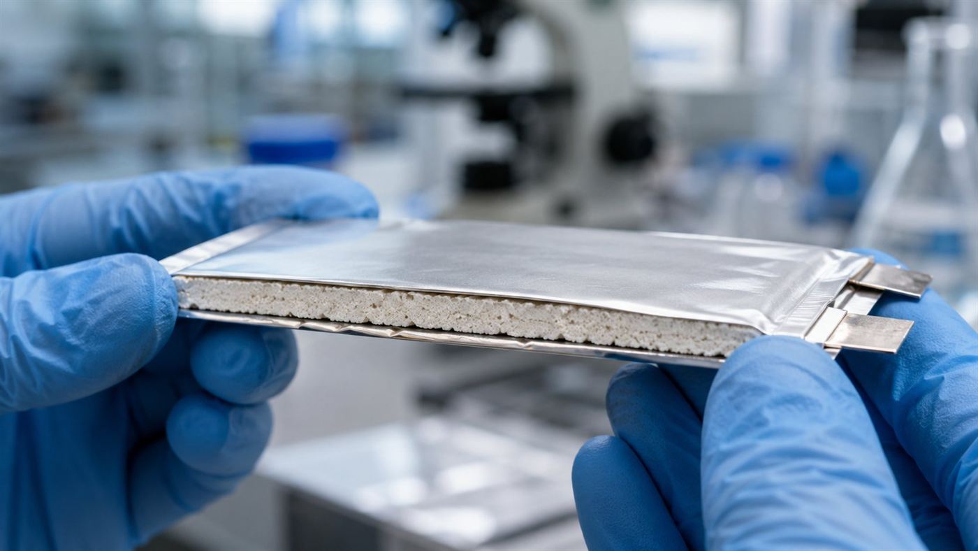 A thin solid-state lithium-metal cell held in gloved hands inside a research lab, ceramic separator layer visible at the edge
