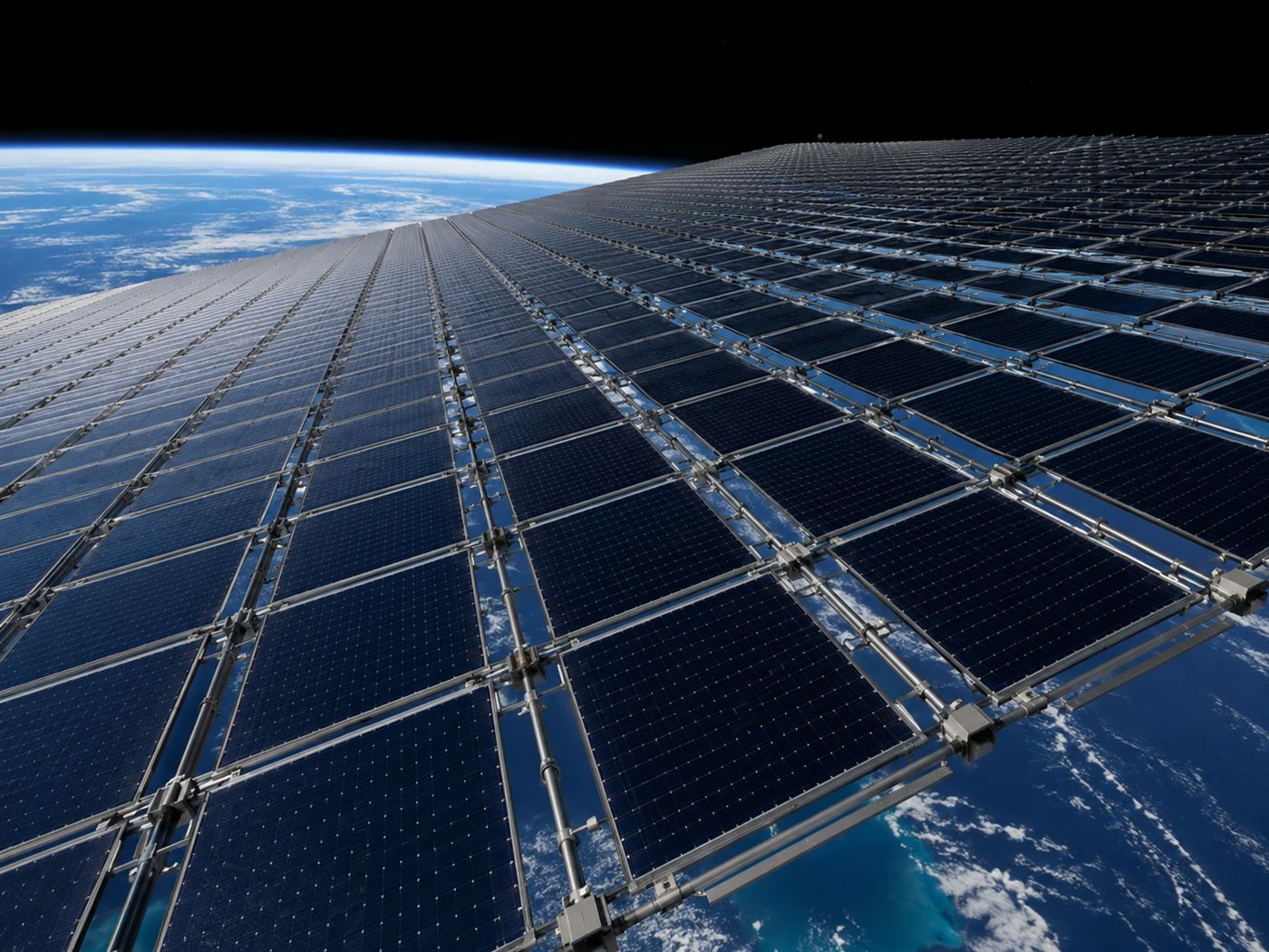 An enormous lattice of solar panels assembled in orbit above Earth, stretching far into the distance against black space