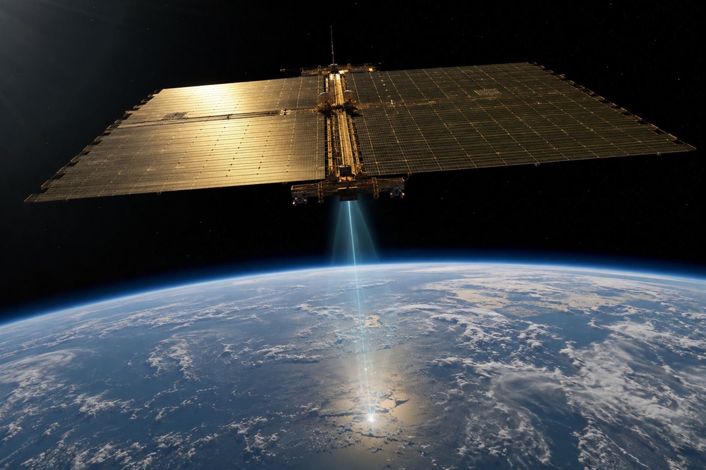 A vast solar power satellite with huge panels orbiting above the blue Earth against black space