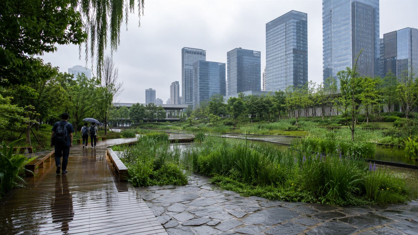 A green sponge city park with ponds and wetlands soaking up rainwater in front of a city skyline