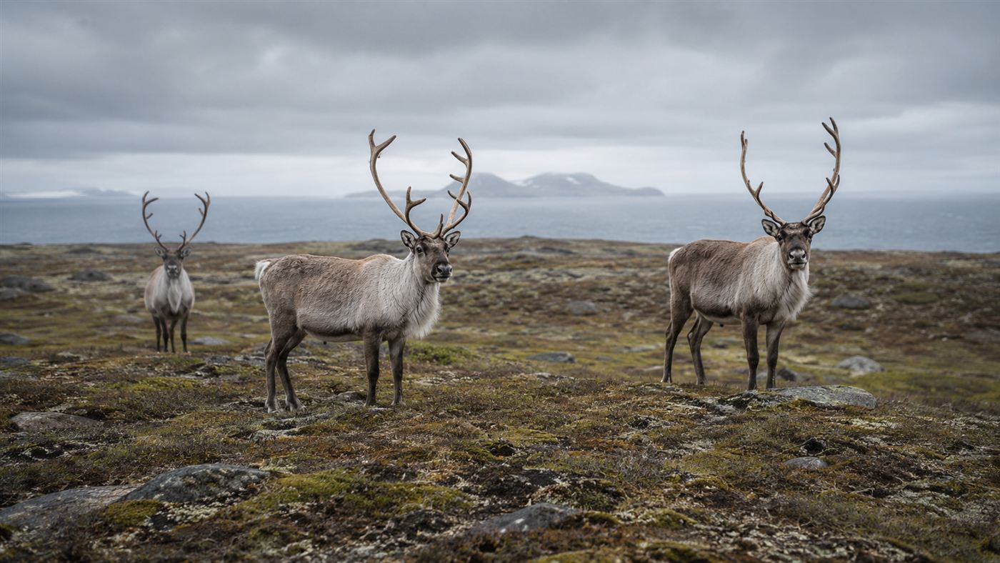 Reindeer on the windswept tundra of a remote Bering Sea island under a grey sky