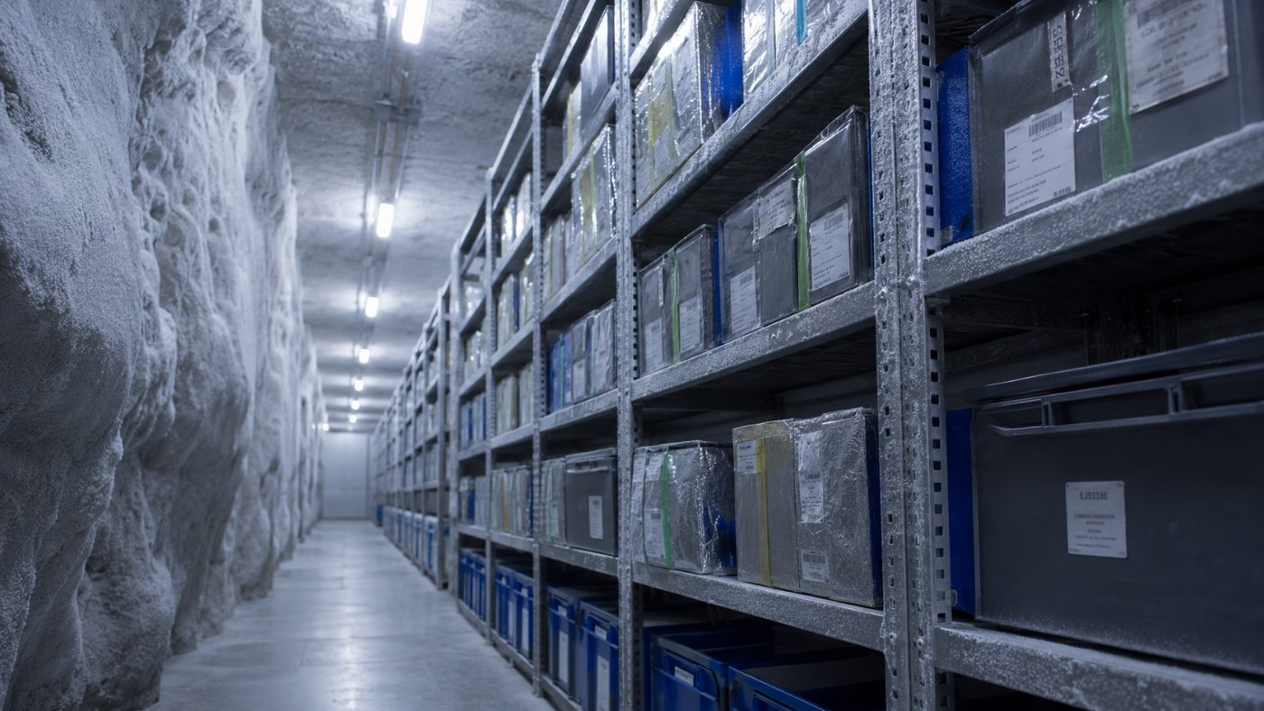 Rows of metal shelving stacked with labelled boxes of sealed seed packets inside a frost-covered cold storage chamber