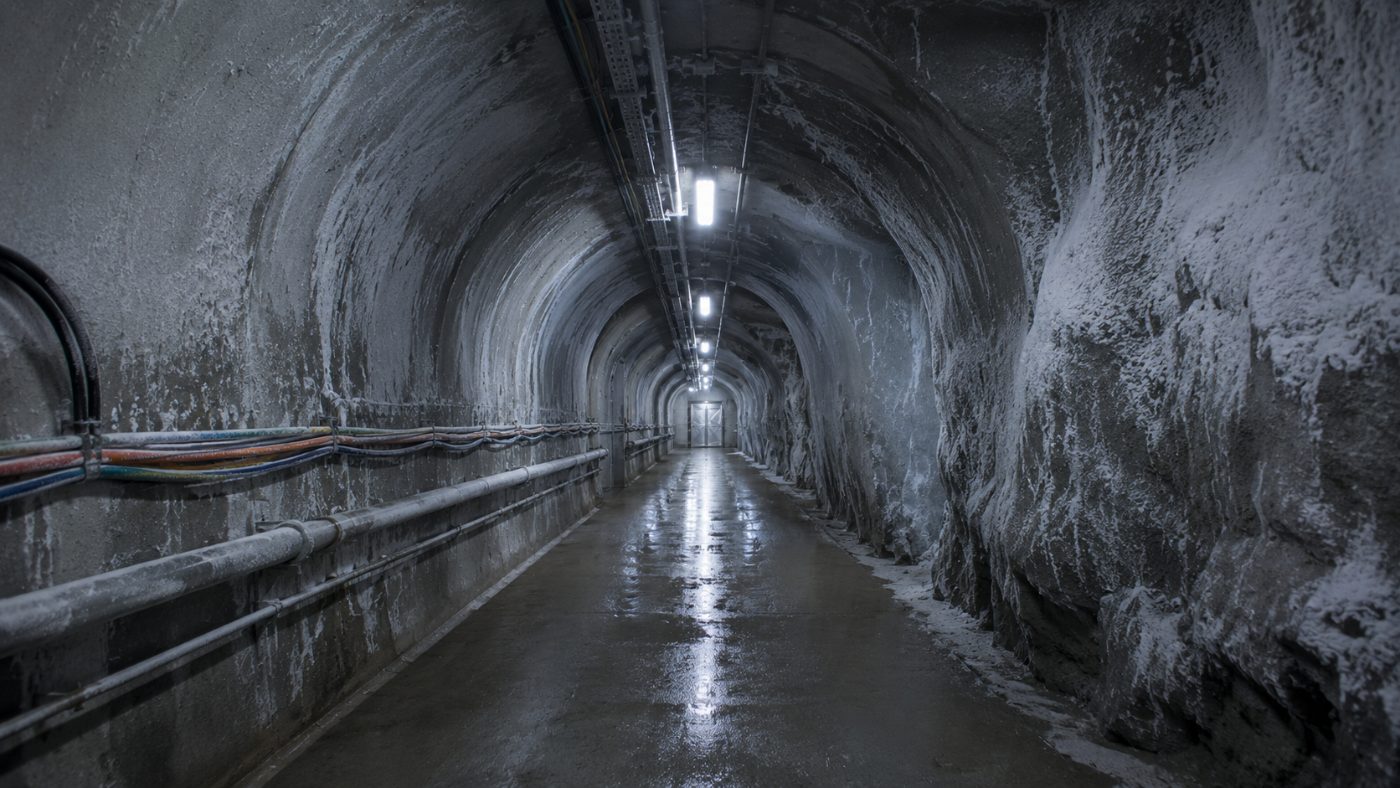 A long frost-coated concrete tunnel lined with cables leading deep into an Arctic mountain toward a distant lit doorway