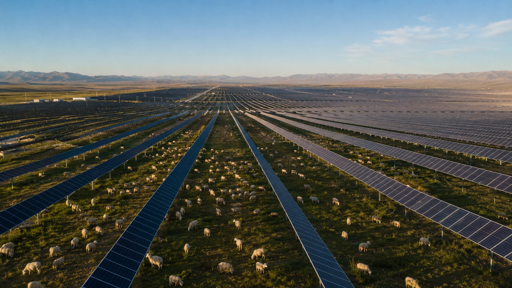 A vast solar farm with sheep grazing between the panel rows
