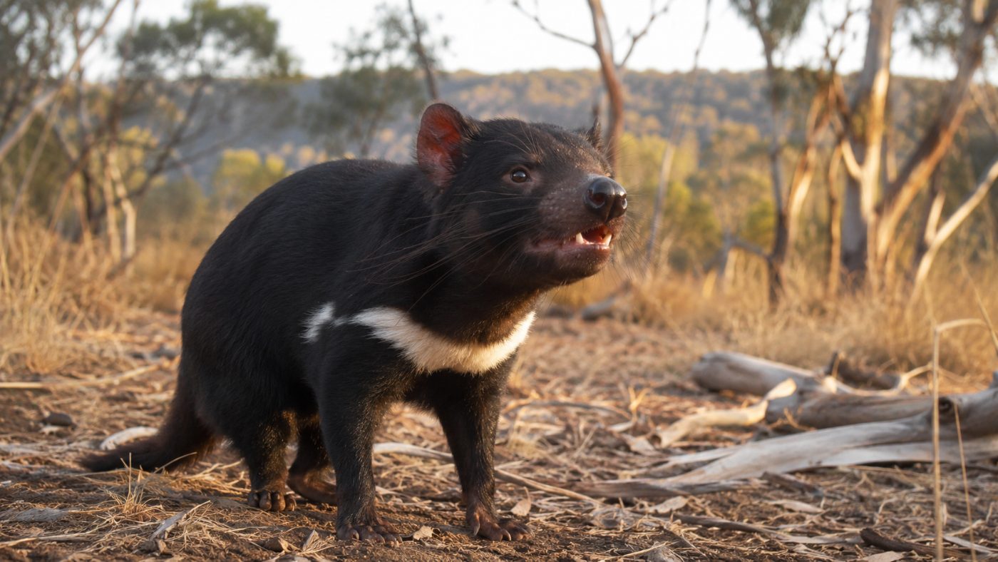 A black Tasmanian devil with a white chest stripe standing alert in dry Australian bushland at golden light