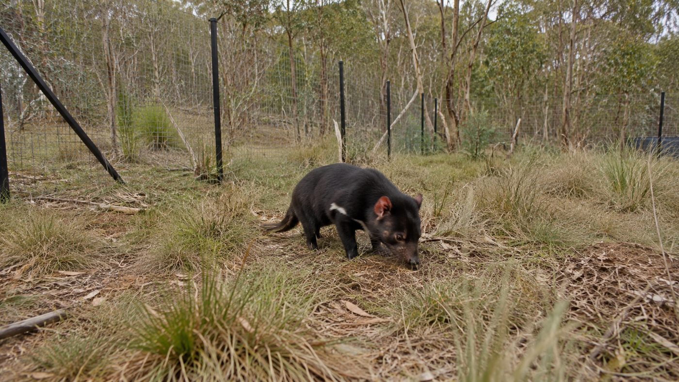 A Tasmanian devil foraging in a grassy enclosure with a tall predator-proof boundary fence visible behind it in Australian bushland