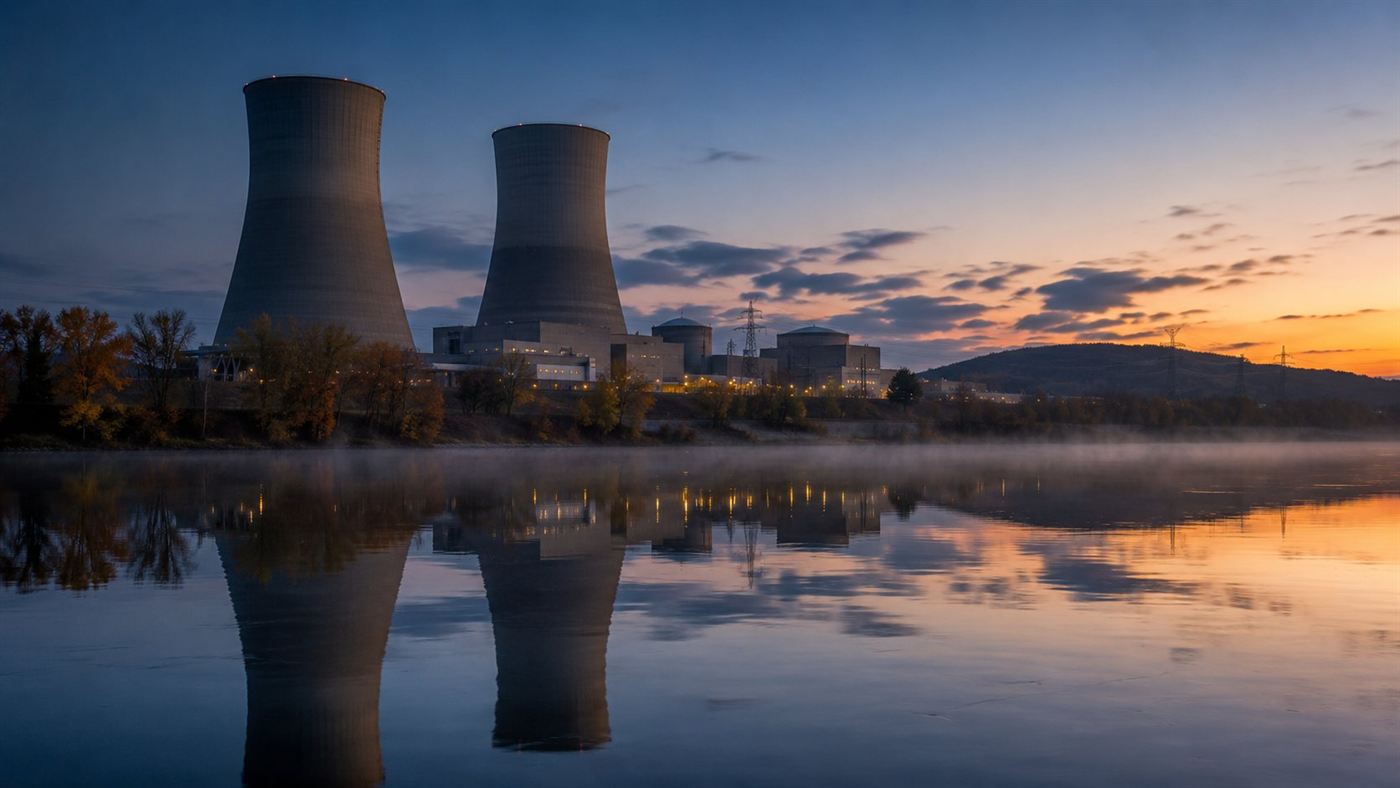 The Three Mile Island nuclear plant with its large cooling towers reflected in the river at dusk