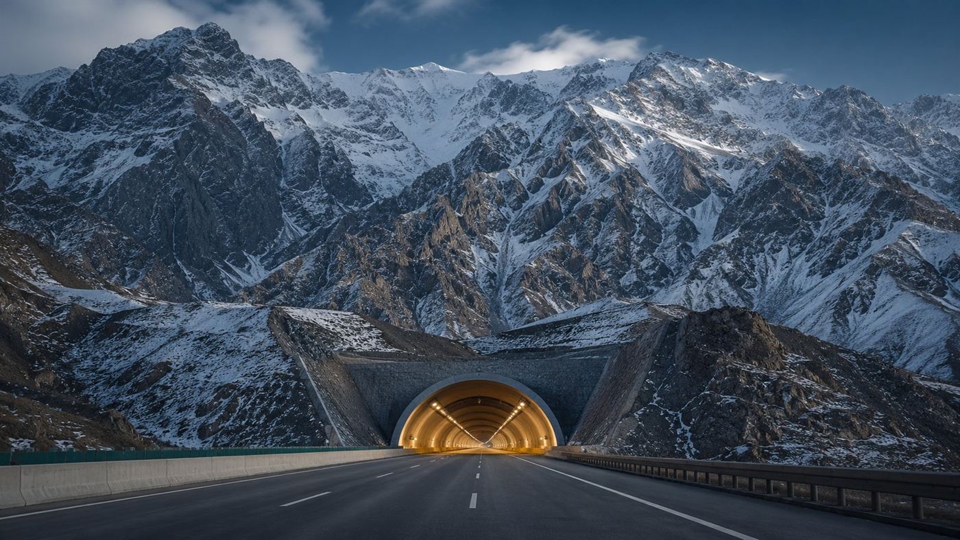 A lit expressway tunnel portal in a snowy Tianshan mountainside