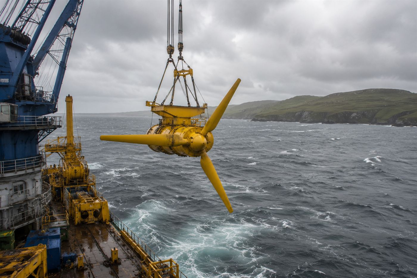 A large yellow tidal turbine being lifted by crane from an installation vessel above a choppy grey sea near the Scottish coast