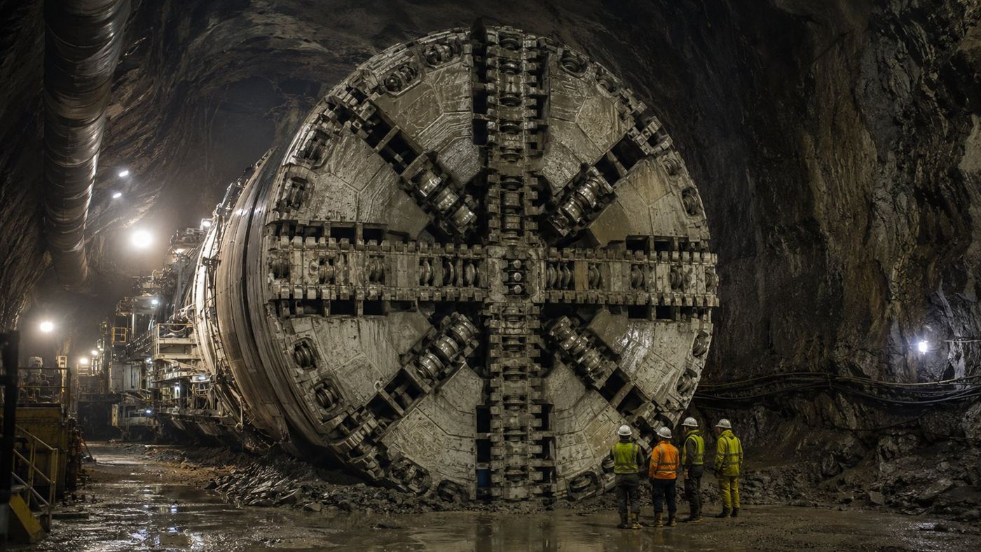 A massive cylindrical tunnel boring machine with a circular cutterhead inside a rock tunnel, dwarfing the workers beside it
