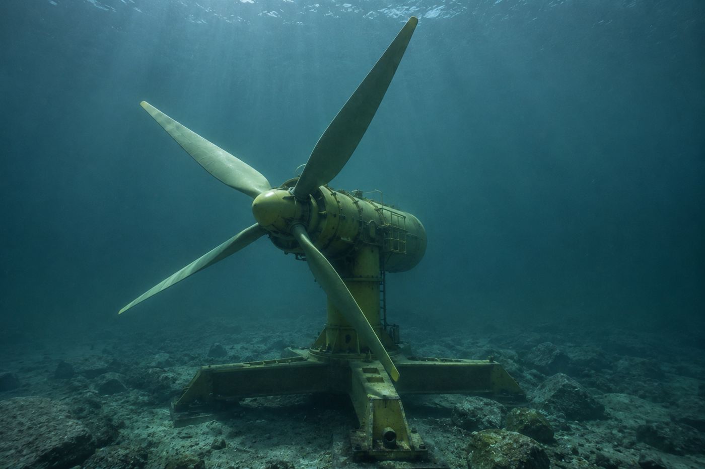 A large underwater turbine with a rotor mounted on the seabed, lit by filtered blue light beneath the surface of a cold sea