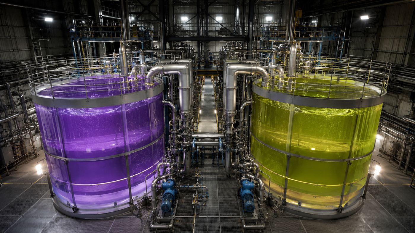 Large industrial storage tanks holding coloured liquid electrolyte connected by thick pipes inside a battery facility