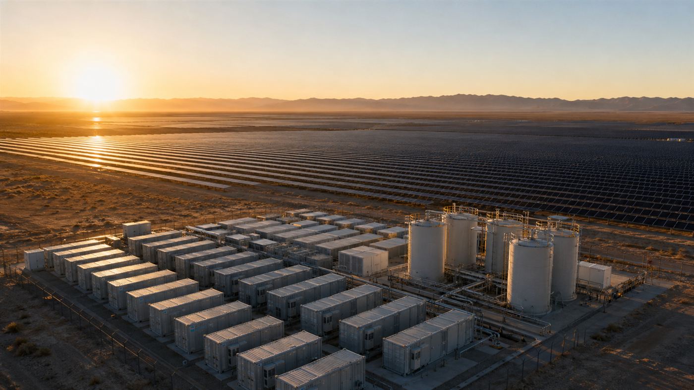 A grid-scale battery storage facility with liquid tanks beside a desert solar farm at sunrise