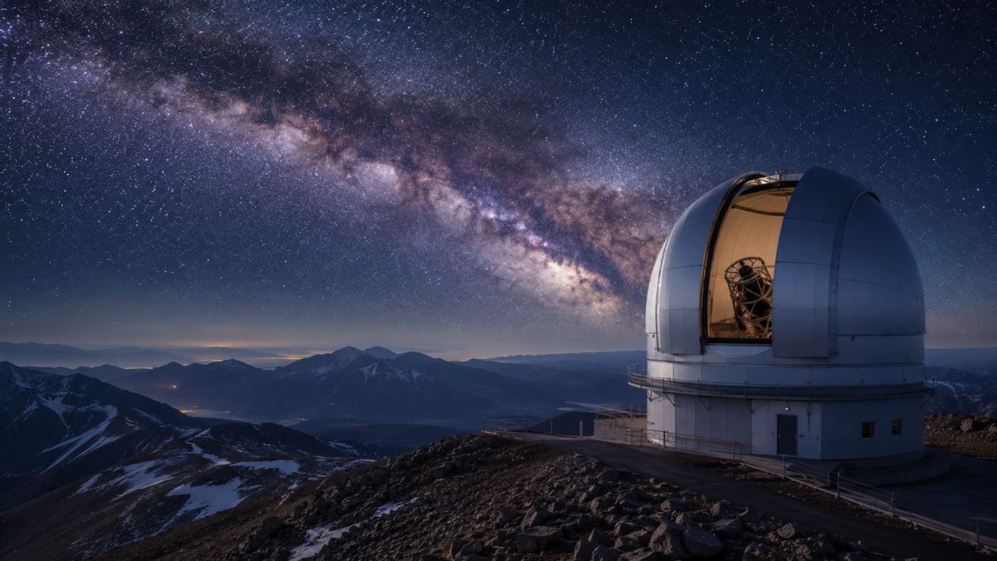 A large modern dome observatory on a high mountain ridge at night under a brilliant starry sky filled with the Milky Way