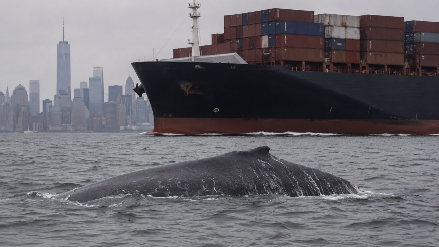 A humpback whale surfacing in a busy New York shipping channel as a large container ship passes behind it near the city skyline