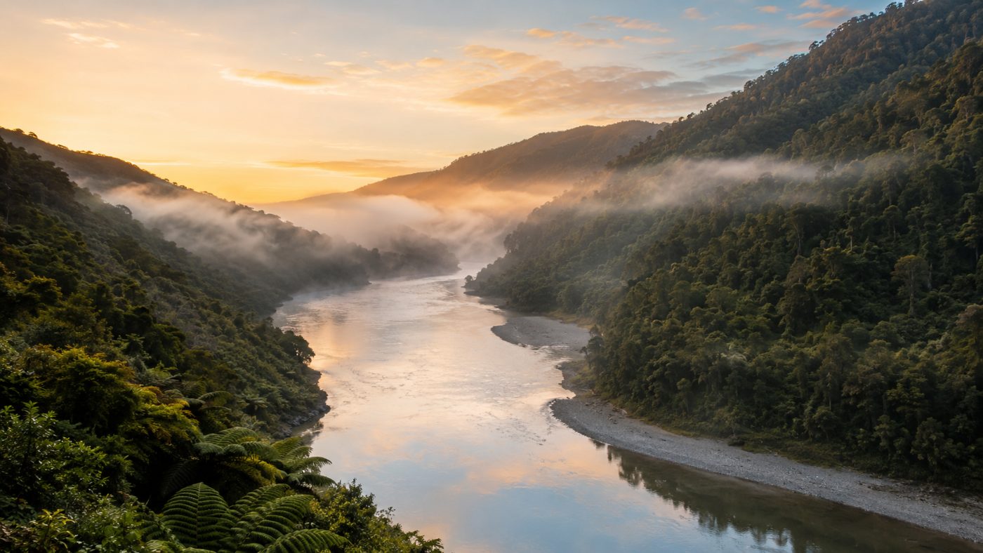A wide misty river winding through steep green native forest hills in New Zealand at dawn