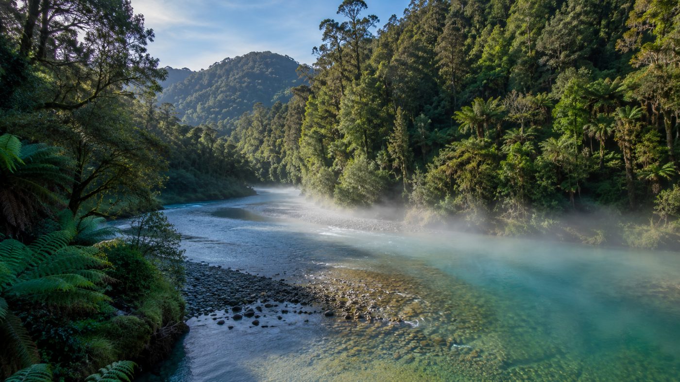 A wide bend of a clear river curving through dense green native New Zealand forest with mist hanging over the water
