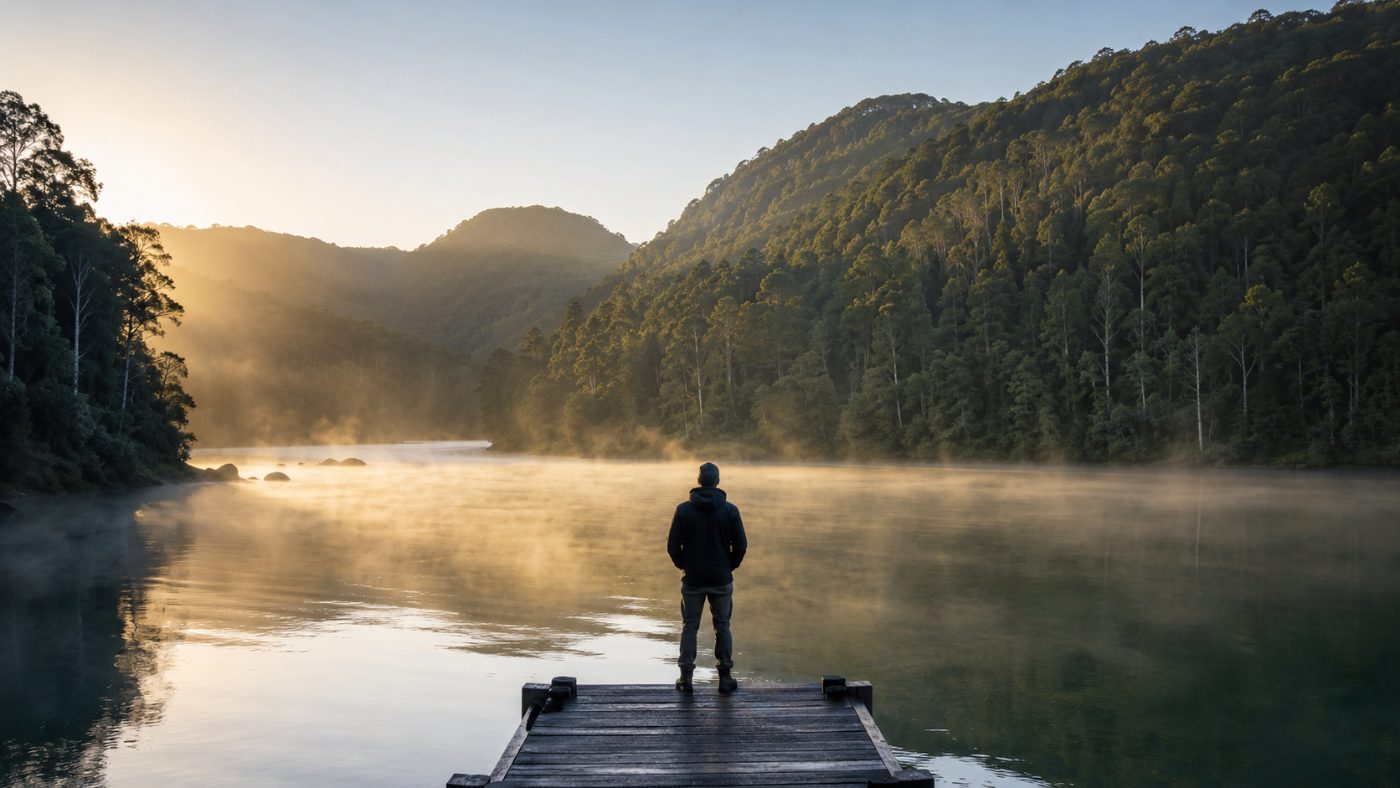 A lone person standing on a wooden jetty at the edge of a wide misty New Zealand river at dawn, looking out over the calm water