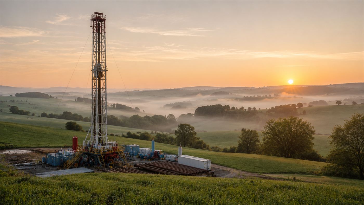 A small hydrogen exploration drilling rig and metal derrick standing in green rolling rural French countryside at dawn with mist over the hills