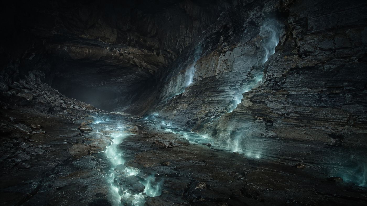 A deep rocky underground cavern with pale glowing gas seeping through cracks in layered rock under dramatic light