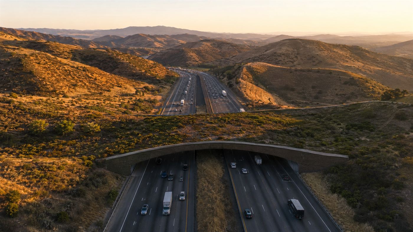 Aerial view of a vast vegetated wildlife crossing planted to look like a hill spanning ten lanes of the 101 Freeway near Los Angeles