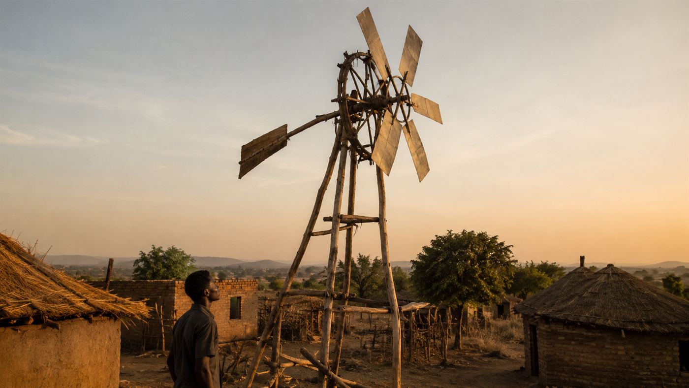 A young man standing beside a tall handmade wooden windmill built from bicycle parts and a fan blade in a rural African village