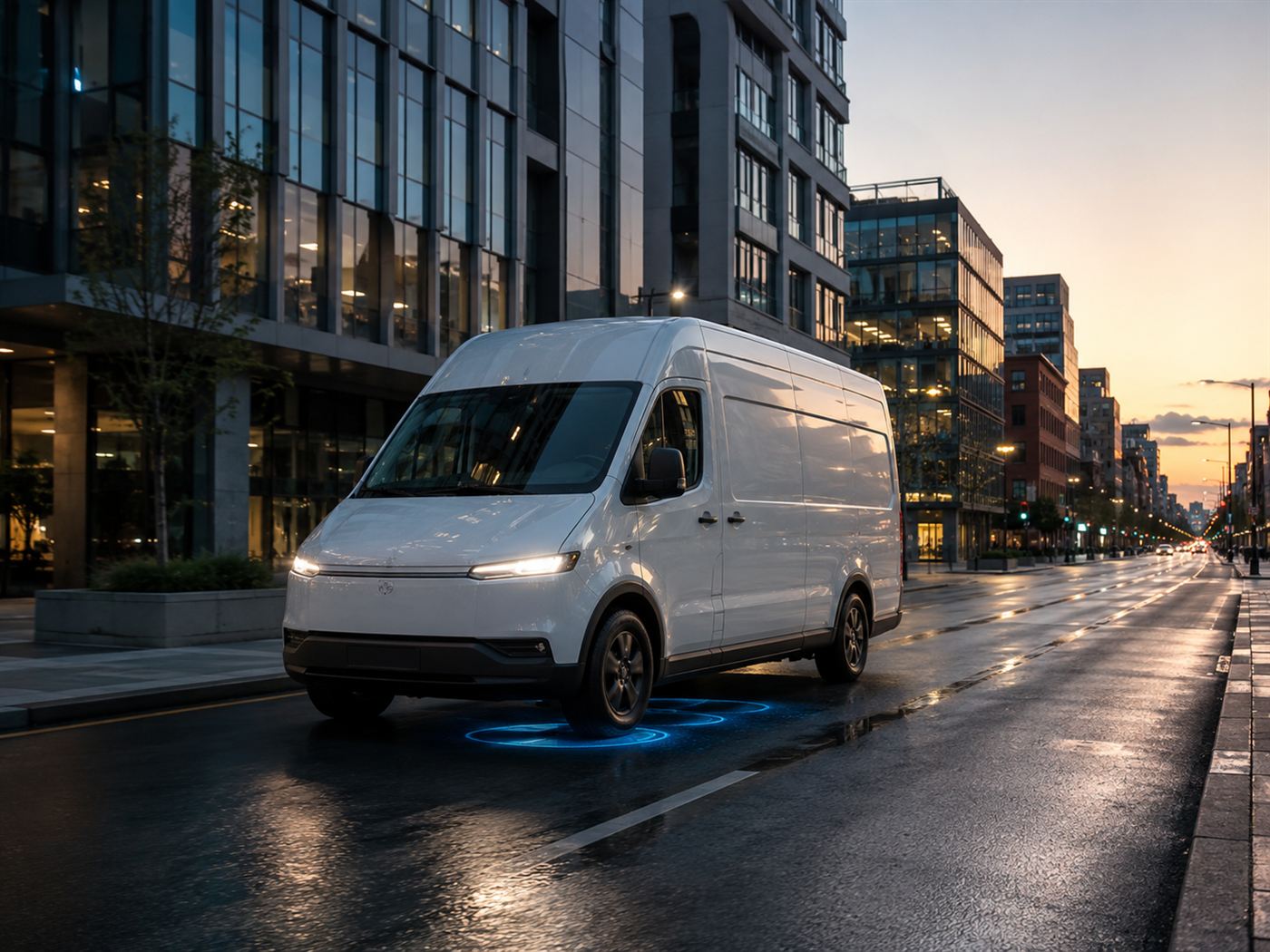 A modern white electric delivery van driving along a city street with a faint blue glow of charging coils beneath the asphalt