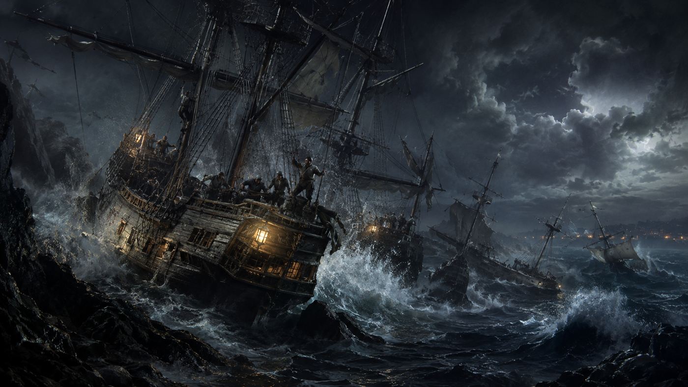 An 18th-century fleet wrecking on rocks in a storm, the kind of disaster the John Harrison longitude clock would help prevent