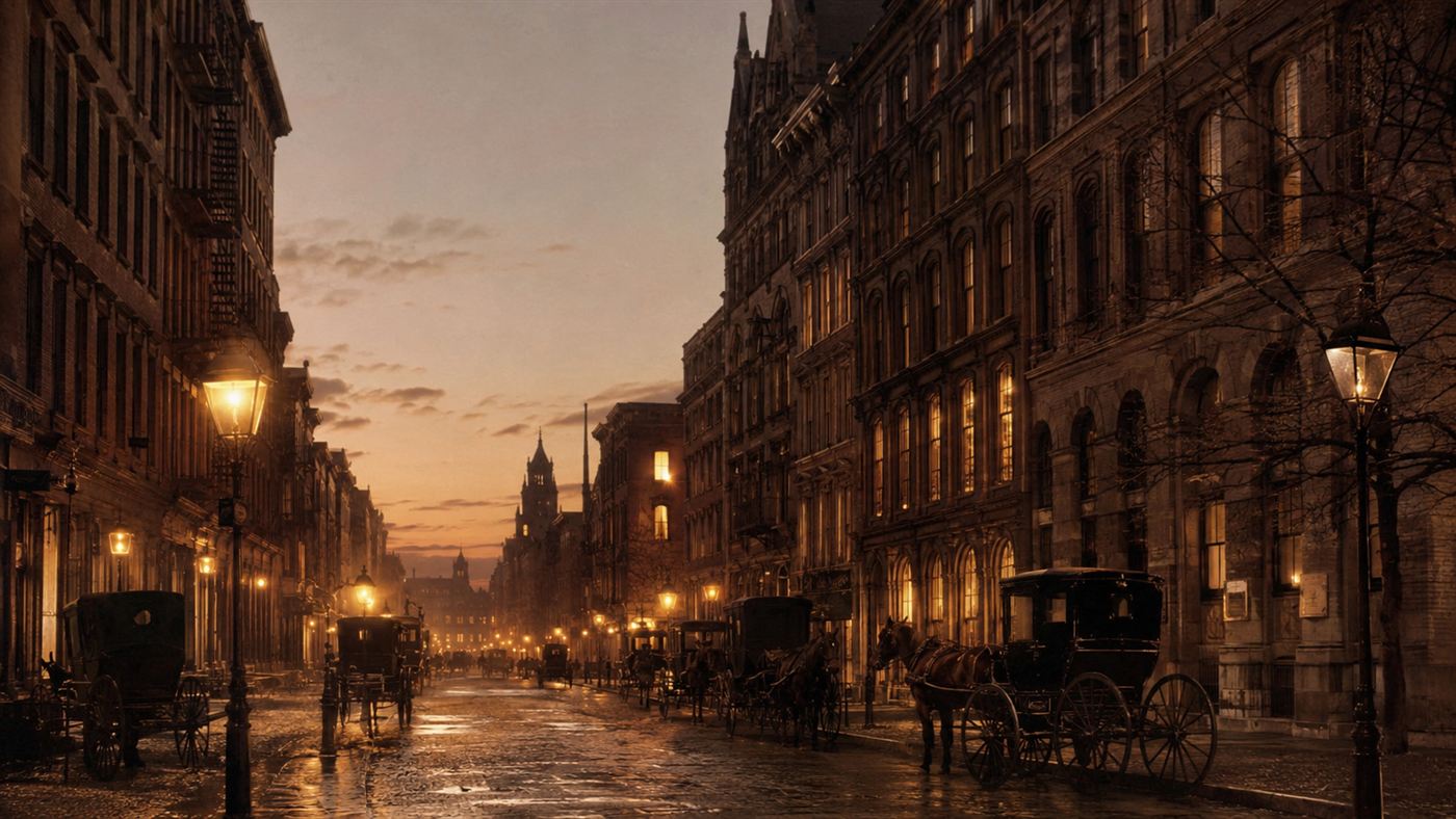 A lower Manhattan street in the 1880s at dusk newly lit by early electric incandescent lights in windows