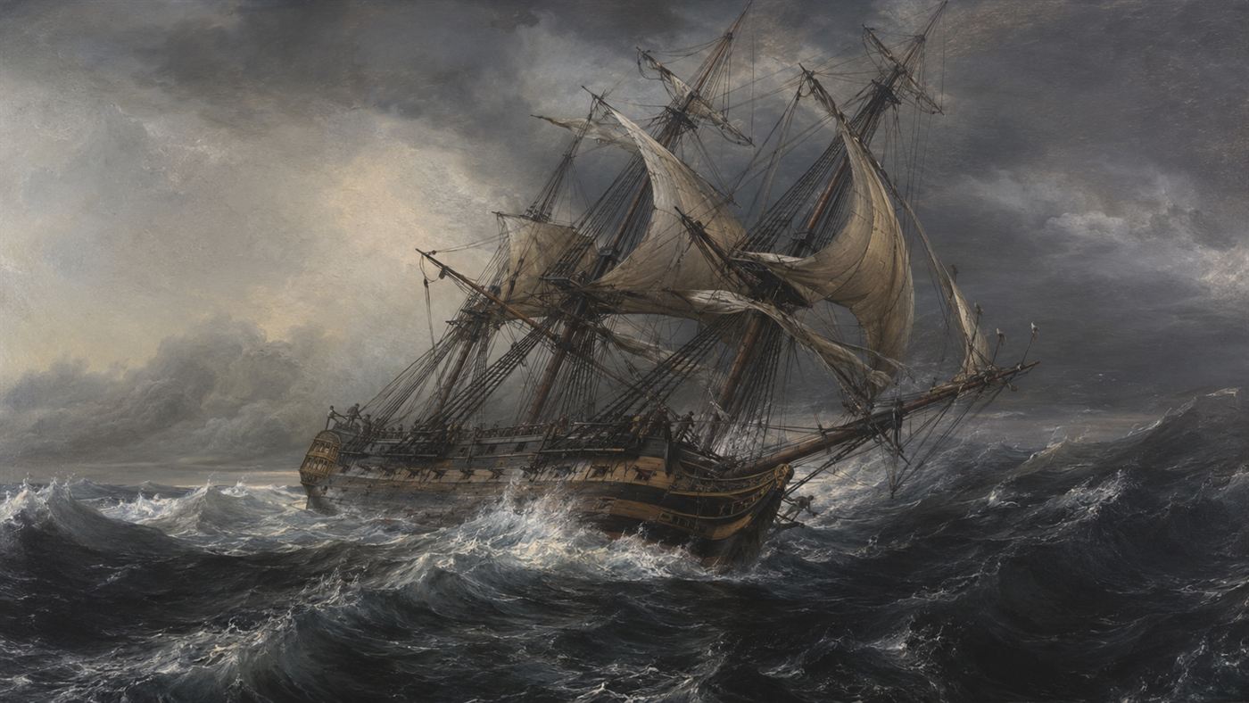 An 18th-century sailing ship pitching in heavy seas on a long ocean voyage