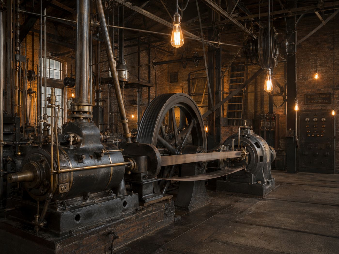 An early 1900s steam engine driving a dynamo and lighting a few bulbs, like Ginori Conti's 1904 demonstration at Larderello