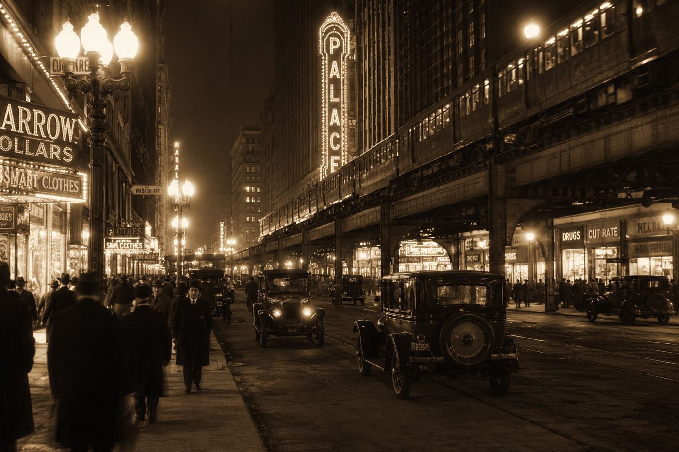 A 1920s city glowing with electric lights at night, the cheap mass power Samuel Insull helped create