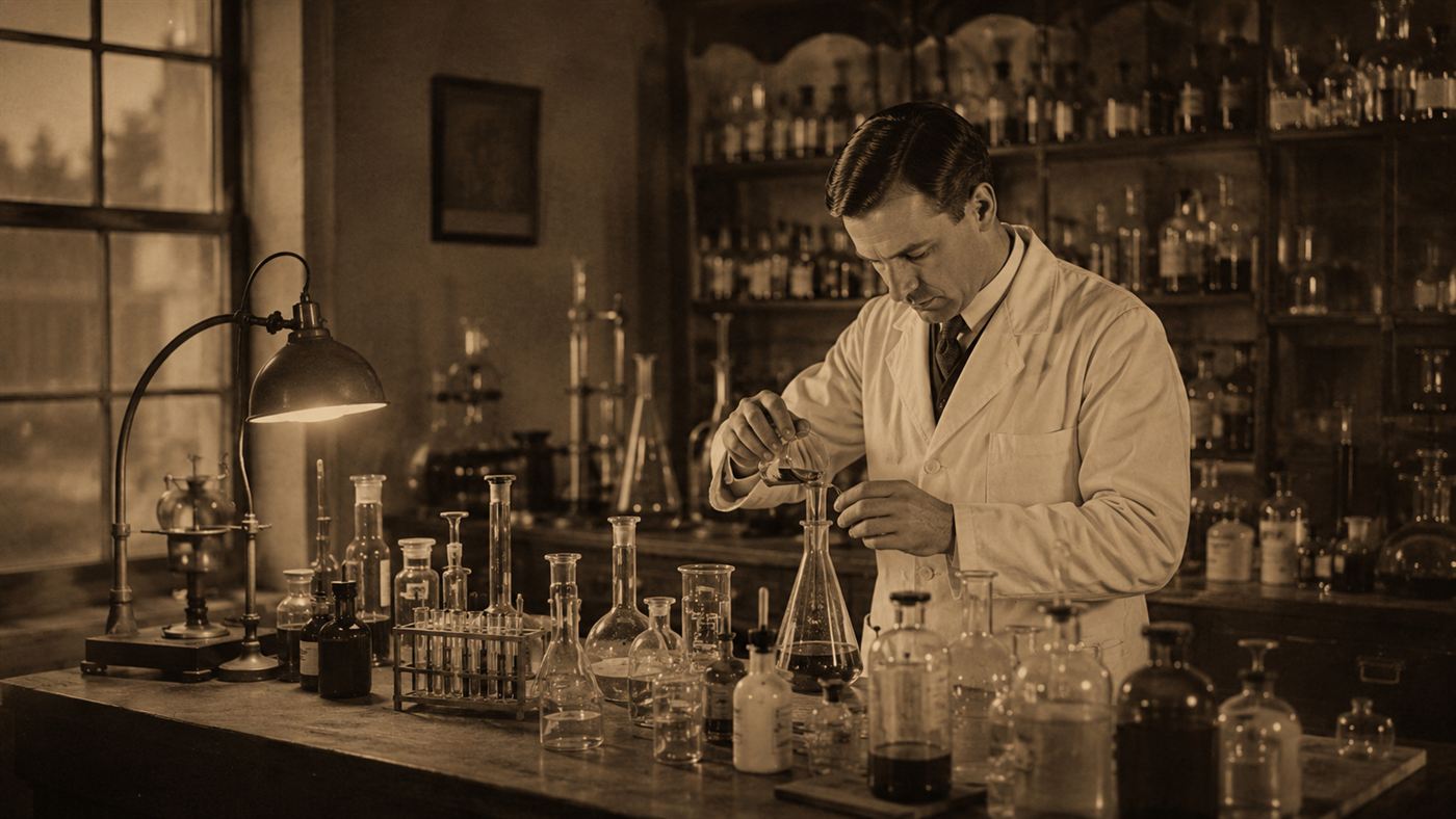 A 1930s pharmaceutical chemist in a white coat mixing liquids among glass flasks and bottles in a laboratory
