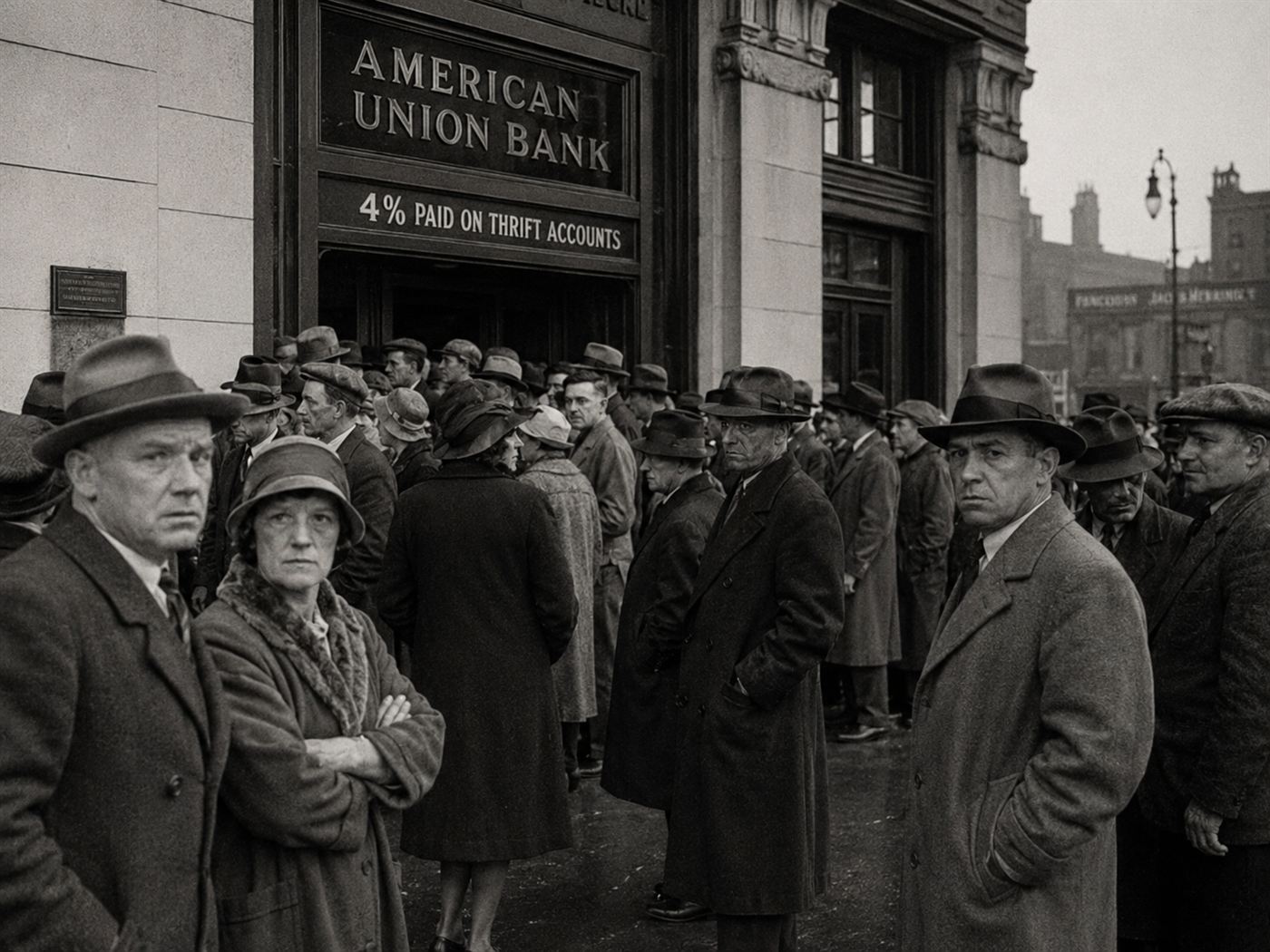 An anxious 1930s crowd outside a bank during the Great Depression, the kind of ruin the Insull collapse caused