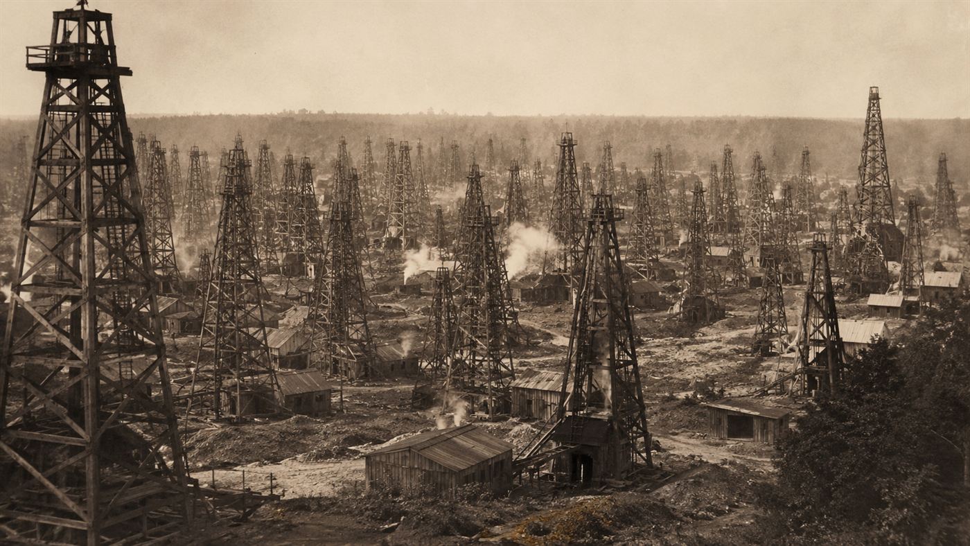 A dense forest of 1930s wooden oil derricks crowding the East Texas oil field