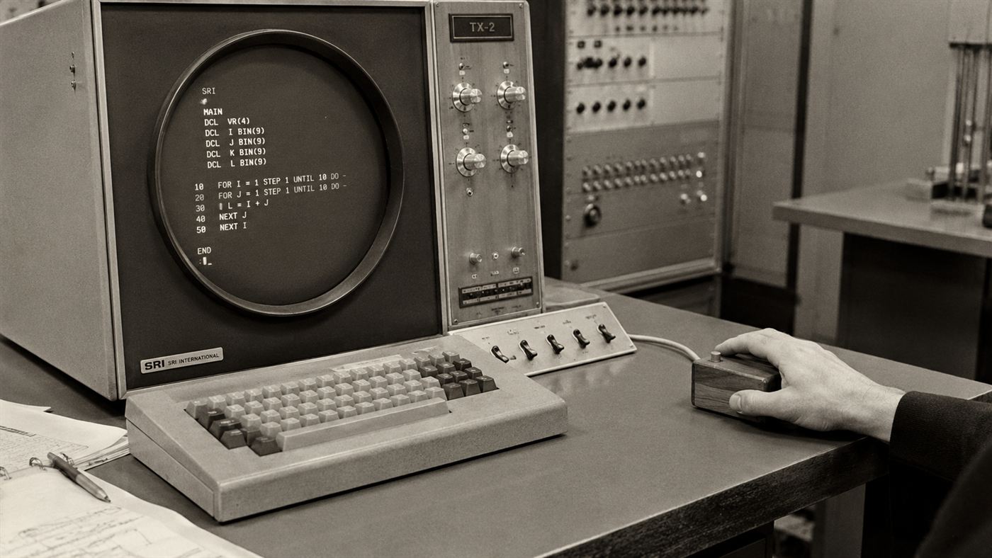 A 1960s computer console with a round CRT screen, a keyboard and an early wooden mouse