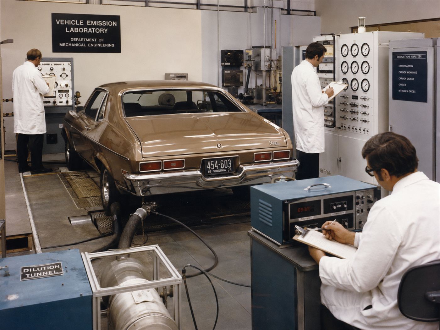 A 1970s vehicle emissions testing laboratory with a car on a dynamometer, like the EPA lab where Victor Wouk's hybrid was tested
