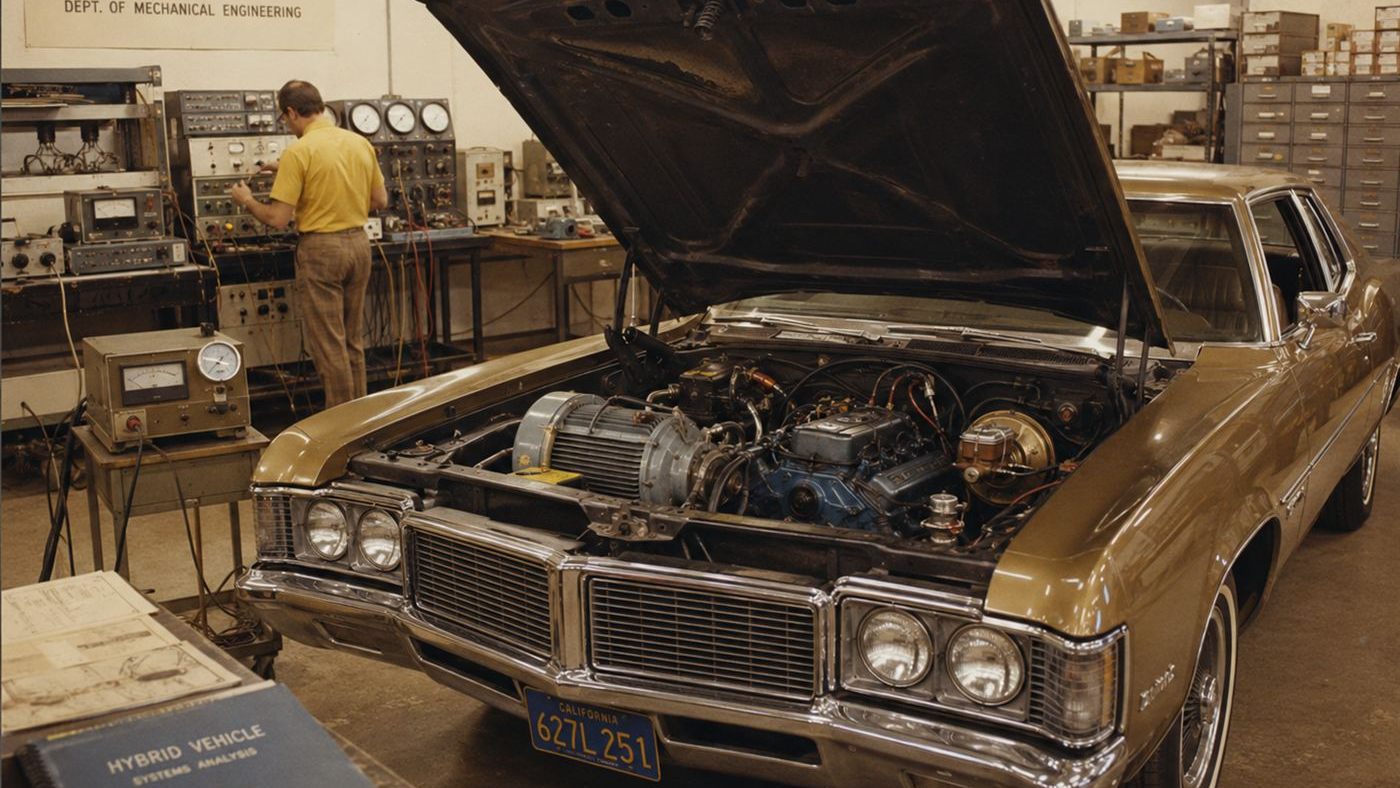 A 1972 Buick Skylark sedan with its hood open showing the experimental hybrid drive built by Victor Wouk