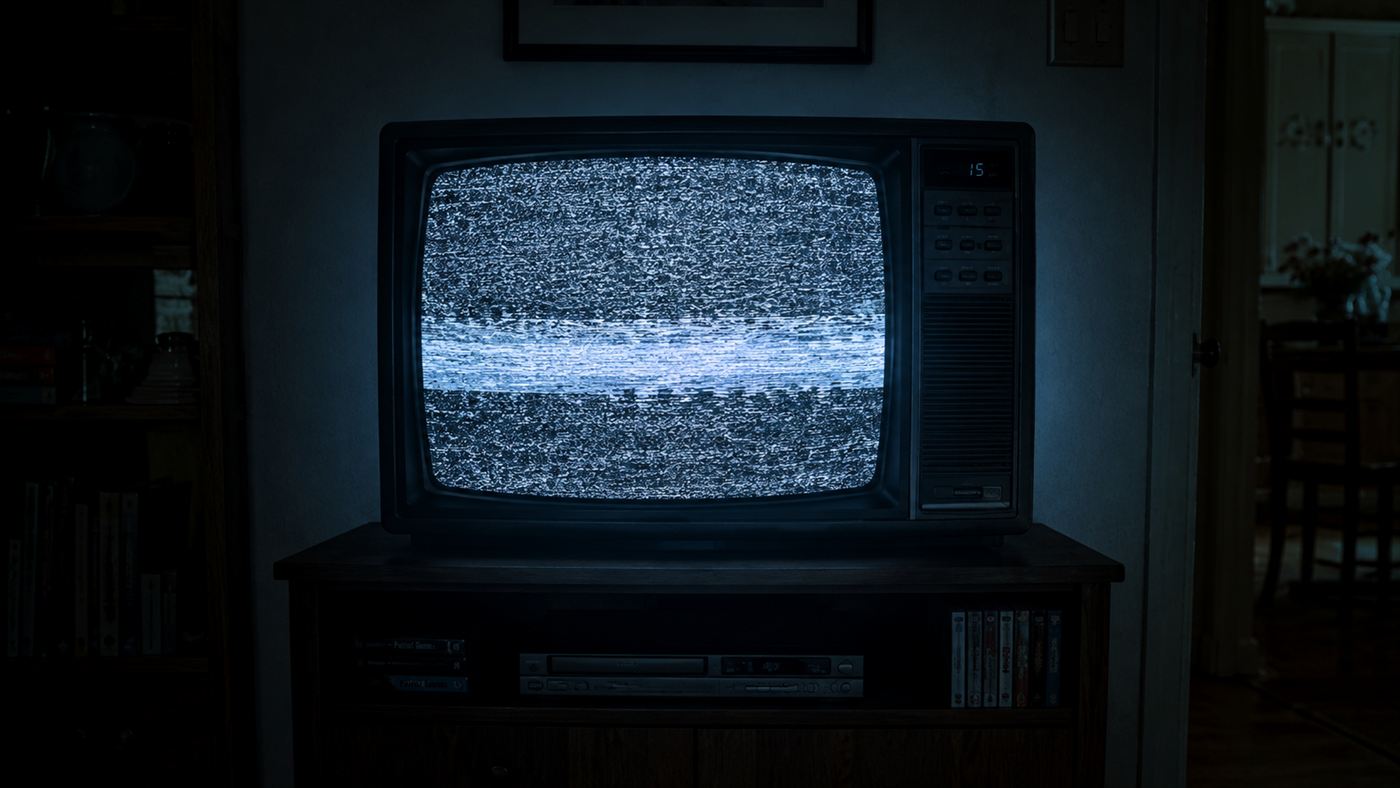 A 1980s television screen filled with rolling static and glitchy interference in a dark room