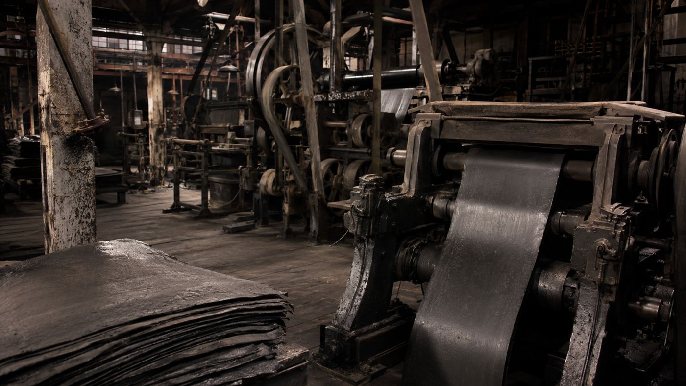 A 19th-century rubber factory interior with heavy rolling machines and dark rubber sheets